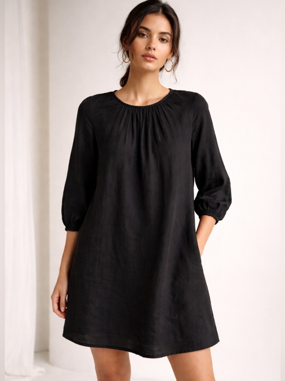 Aritzia Wilfred Silk Trim Oversized Shift Dress Blk| Balloon Tunic | 3/4 Sleeve